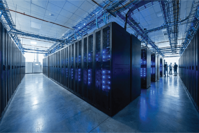 Data center infrastructure with blue server lighting